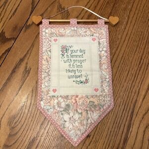 Quilted Wall Hanging Cross Stitch Vintage Prayer Religious Floral